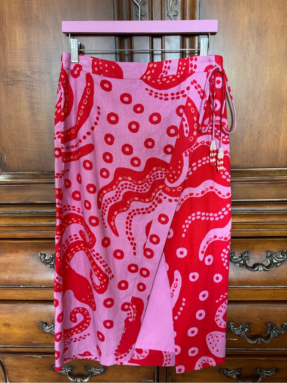 Farm Rio Octo Cool Red/Pink Linen Wrap Skirt - Picture 2 of 10